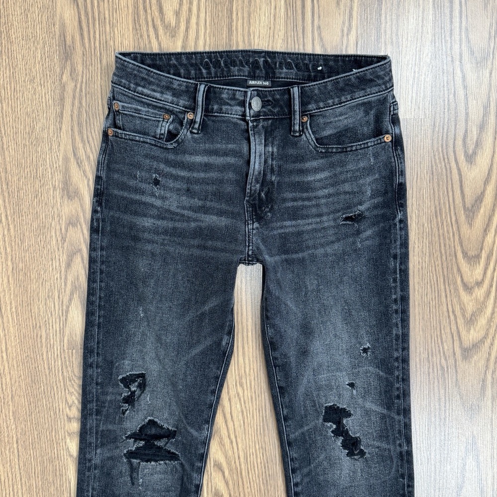 American Eagle Jeans Mens 30x30 Black Slim Low Rise Distressed Ripped Dark Denim - Picture 4 of 16